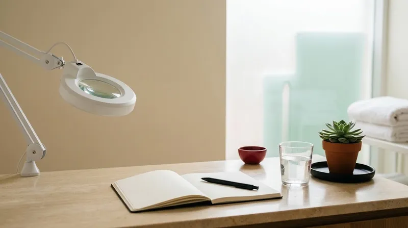 Uma pequena secretária de consulta com uma lupa com luz, um caderno e uma caneta