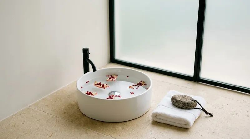 Uma bacia de pedicure branca com água e uma toalha dobrada