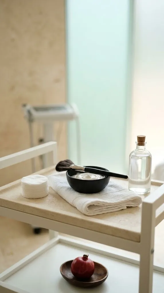 Um carrinho de tratamento facial com uma taça de creme branco, discos de algodão e um pincel macio